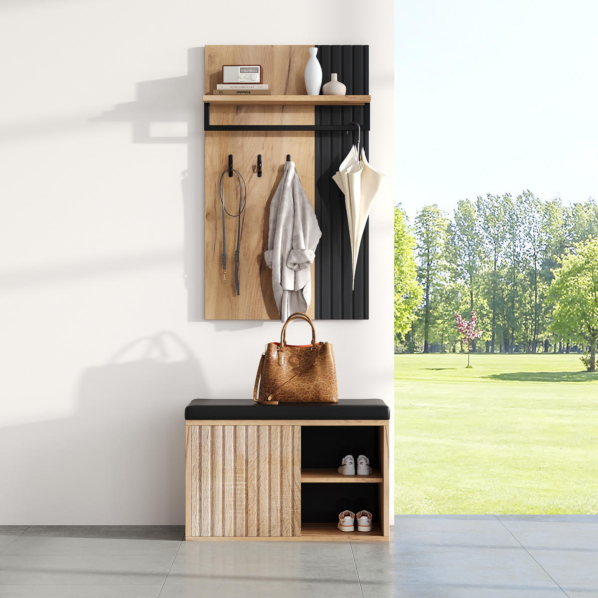 SCHUHSCHRANK aus Spanplatte 70x36x146cm in Natur mit 3 Haken - Naturfarben, Holzwerkstoff (70/146/36cm) - Modfu