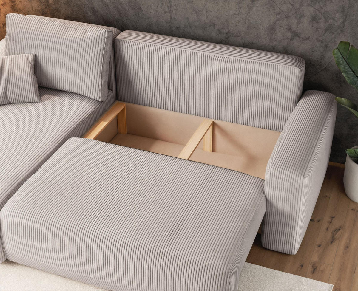 ECKSOFA Pianoni Hellbeige Cordbezug - Ecru/Schwarz, Kunststoff/Textil (244/140cm) - Selsey