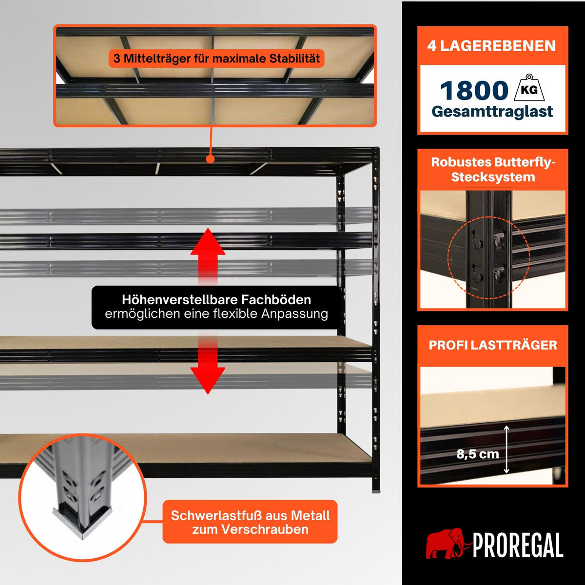 SCHWERLASTREGAL Rhino 180x240x60cm, 4 Spanplatten-Ebenen 8mm, Fachlast 450kg, Schwarz - Schwarz, Metall (240/180/60cm) - PROREGAL