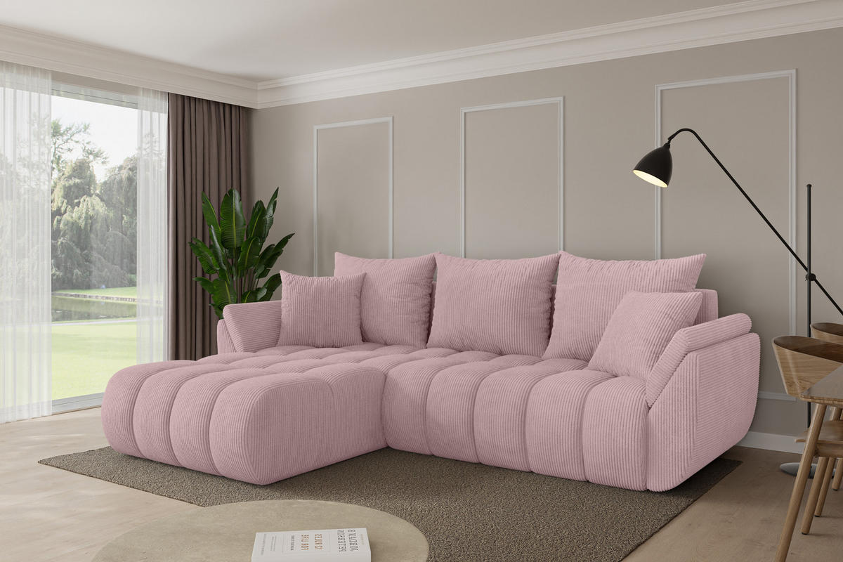 ROHOVÁ SEDAČKA s funkcí spaní, otoman vlevo TOKO-L-v1 277x194x86 růžová manšestr - růžová/černá, kompozitní dřevo/textil (277/194cm) - ALTDECOR