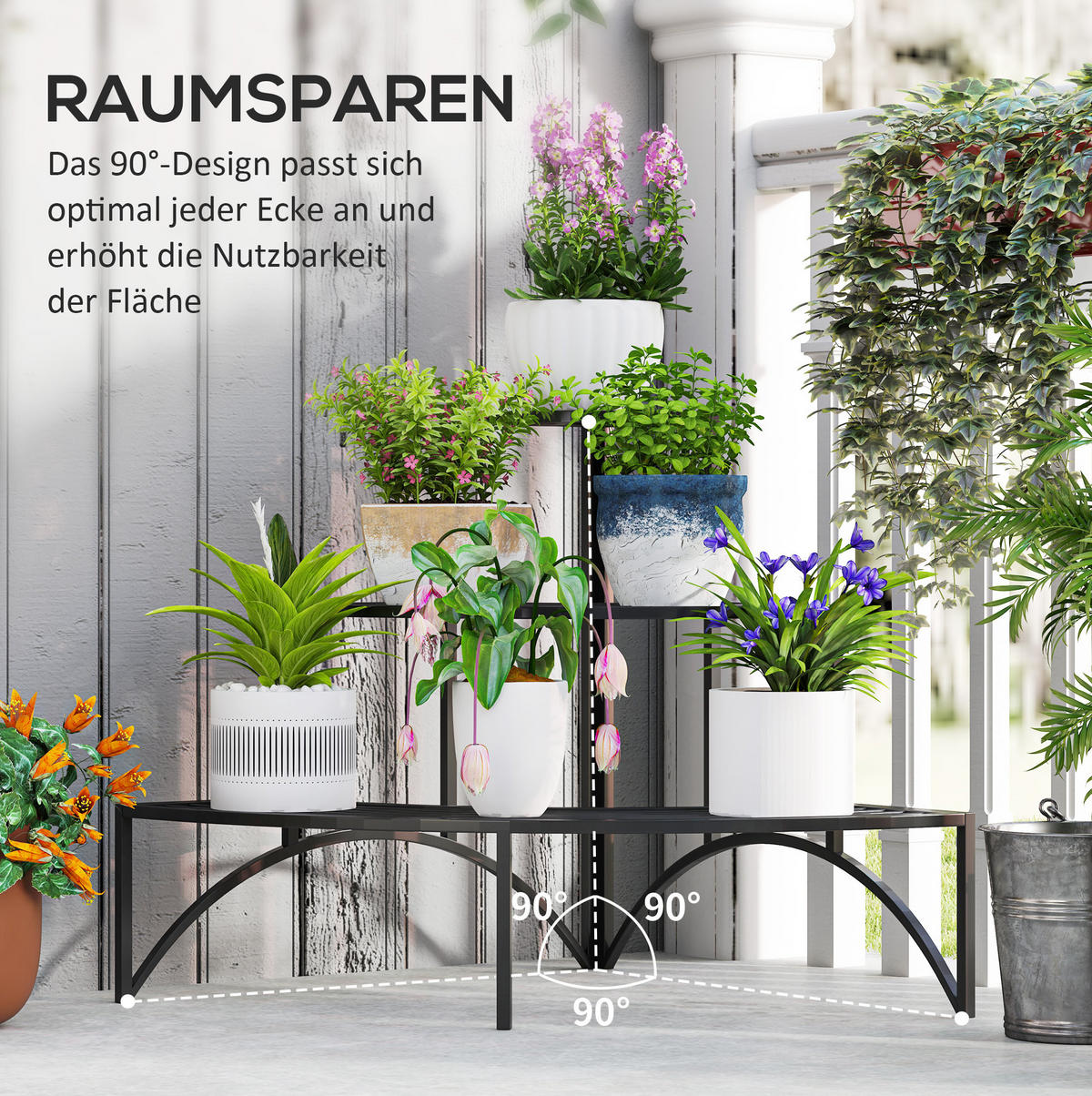 BLUMENSTÄNDER 87/60/60 cm, 3-stufiges Eckdesign aus Metall für Innen und Außen, Schwarz - Schwarz, Metall (60/60/87cm) - Redom