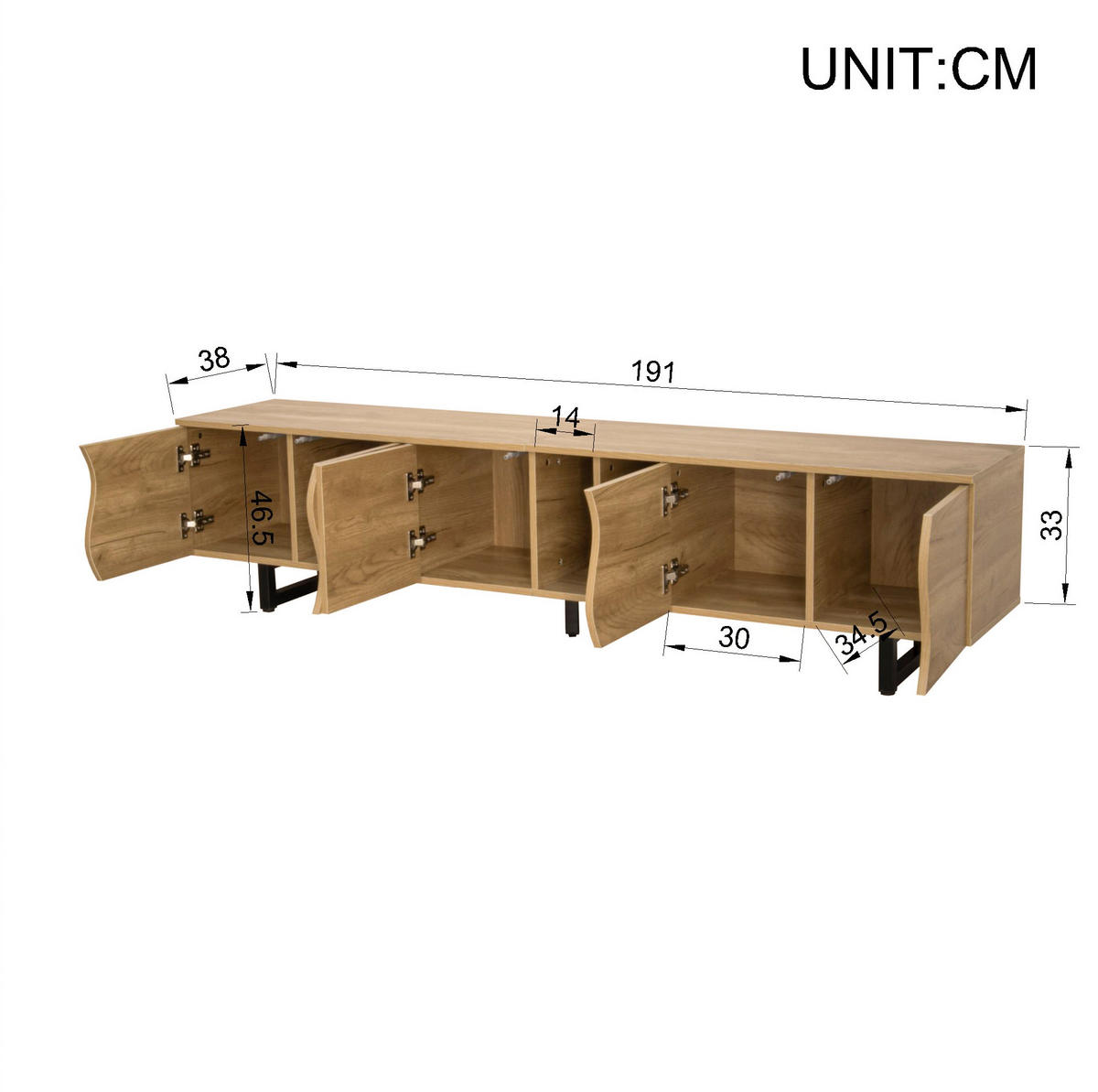 TV-SCHRANK aus MDF und Holzwerkstoff 191x38x46,5 cm Natur mit Stauraum und offenen Fächern, geschwungene Türen - Hellbraun, Holzwerkstoff (191/46.5/38cm) - Modfu