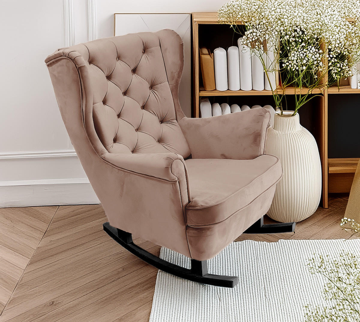 SCHAUKELSESSEL mit gepolstertem Sitz und Armlehnen, 102x81x95 cm, Cappuccino_29839 - Greige/Schwarz, Holz/Textil (81/102/95cm) - DomoHome