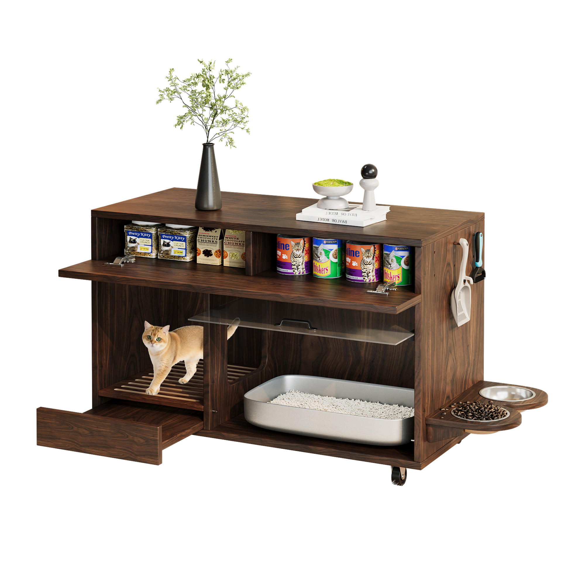 SIDEBOARD Nussbaumfarben aus MDF 100×45,5×67cm als Katzenkloschrank mit Sandablassschale und Futterschalen - Nussbaumfarben, Holzwerkstoff (45.5/67/100cm) - Luhomfu