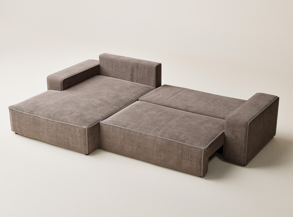 ECKSOFA MIT SCHLAFFUNKTION Modo Hellbraun Chenille-Stoff - Links Seite - Schwarz/Braun, Holz/Holzwerkstoff (185/294cm) - Maison de Reve