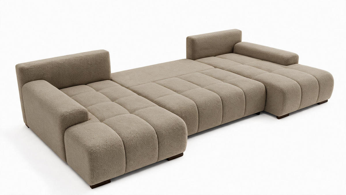 WOHNLANDSCHAFT OVIA U mit Bettkasten und Schlaffunktion, Bouclé-Stoff in U-Form - Cappuccino, Textil (350/80/185cm)