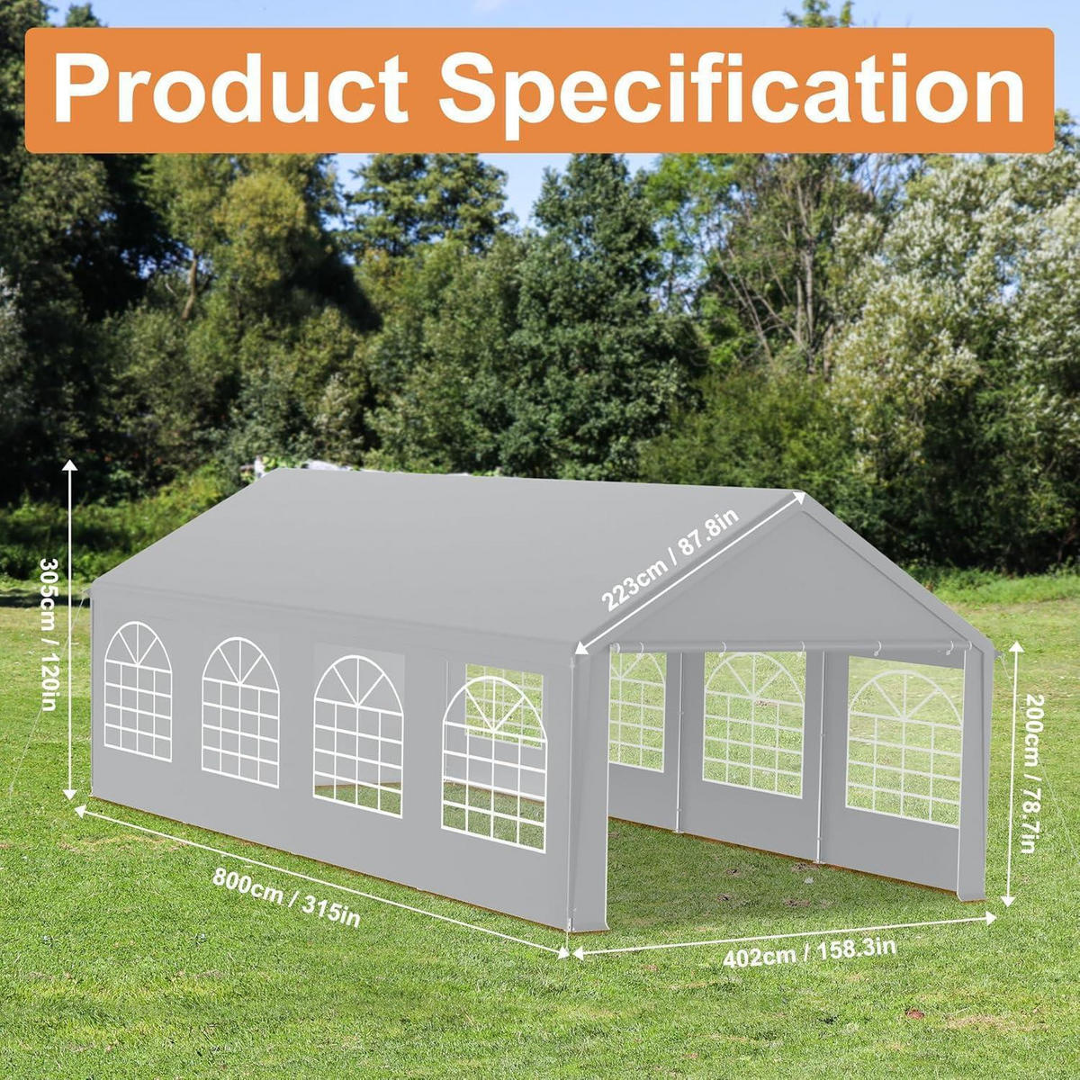 GARTENZELT 4 x 8 m Grau mit 4 Seitenwänden - Grau, Textil (402/200/800cm)