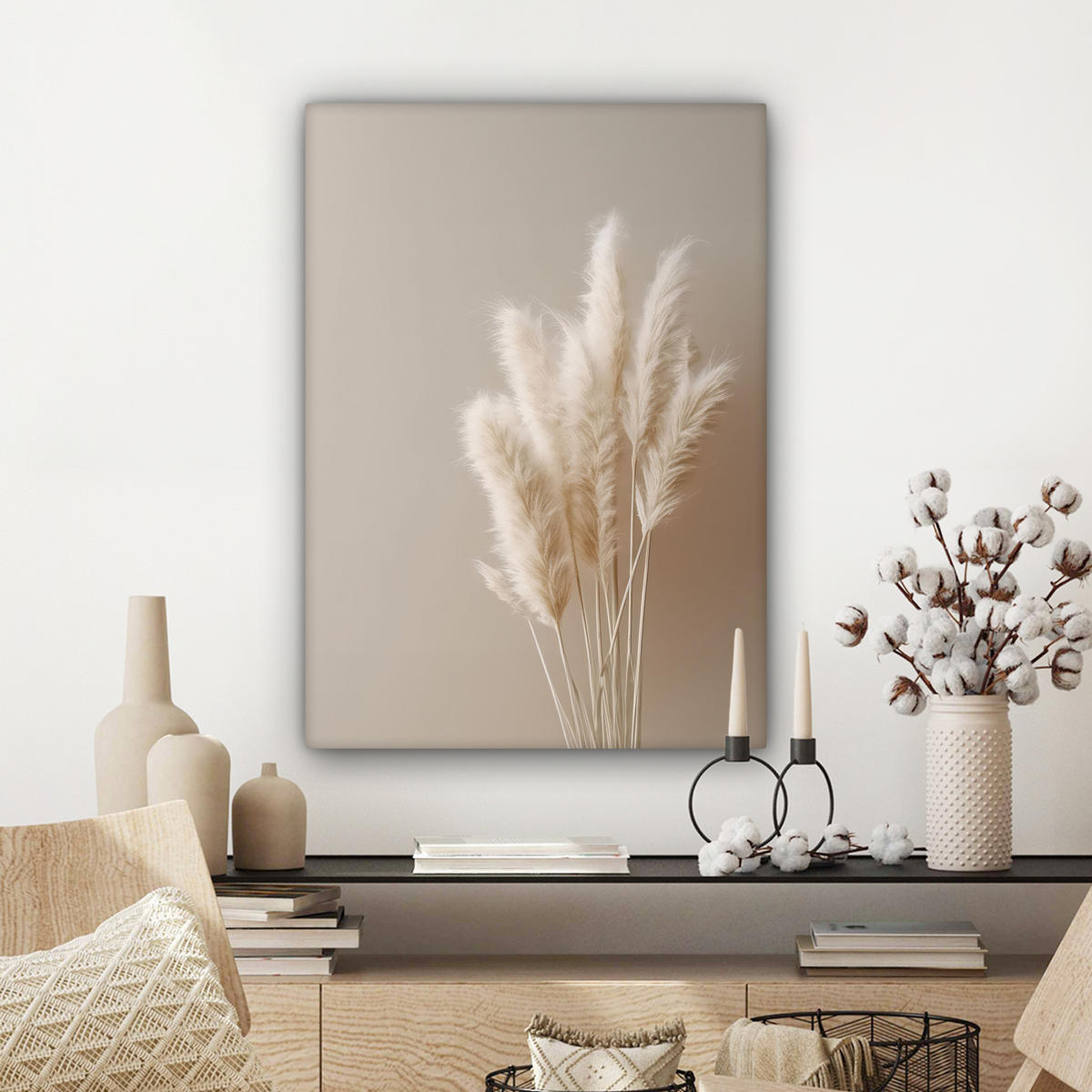 OBRAZ NA PLÁTNĚ Pampová tráva - Plumes - Pastelová - Bílá 60x80 cm - přírodní, textil (60/80cm) - MuchoWow