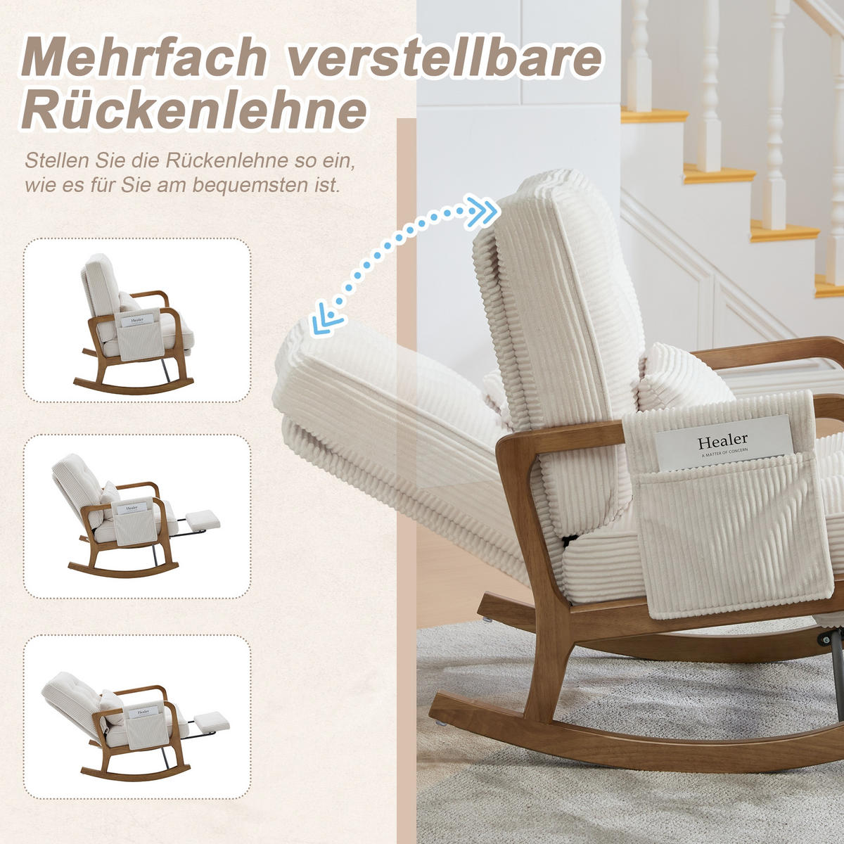 SCHAUKELSTUHL Beige Cord mit Fußstütze, Seitentaschen und verstellbarer Lehne - Beige, Textil (80/92/70cm) - Oxeza