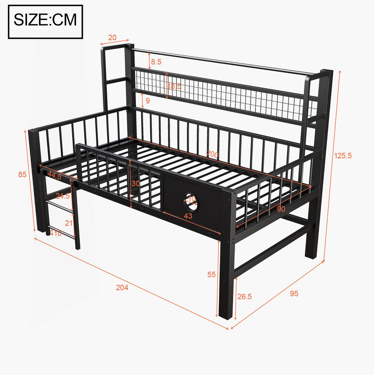 KINDERBETT 90/200 cm aus Metall mit Sicherheitsgitter und Stauraum, Schwarz - Schwarz, Metall (90/200cm) - Flora Grace