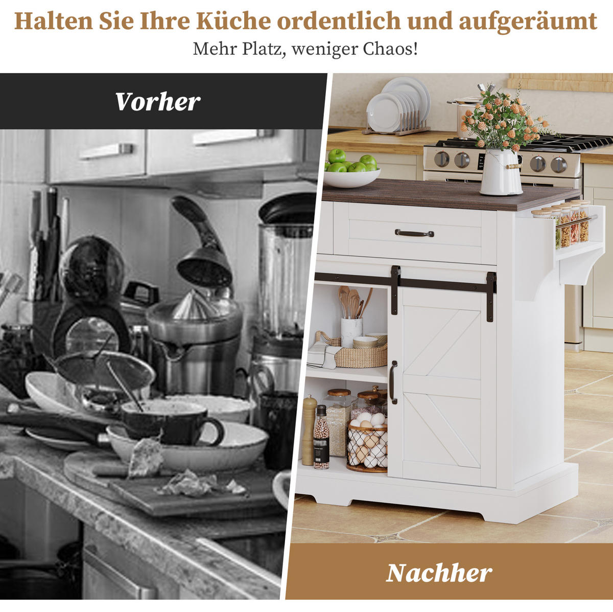 KÜCHENINSEL 120/45(70)/91 cm aus MDF mit klappbarer Arbeitsplatte, Schiebetüren und Rollen, Braun/Weiß - Braun, Holzwerkstoff (120/91/70cm) - Redom