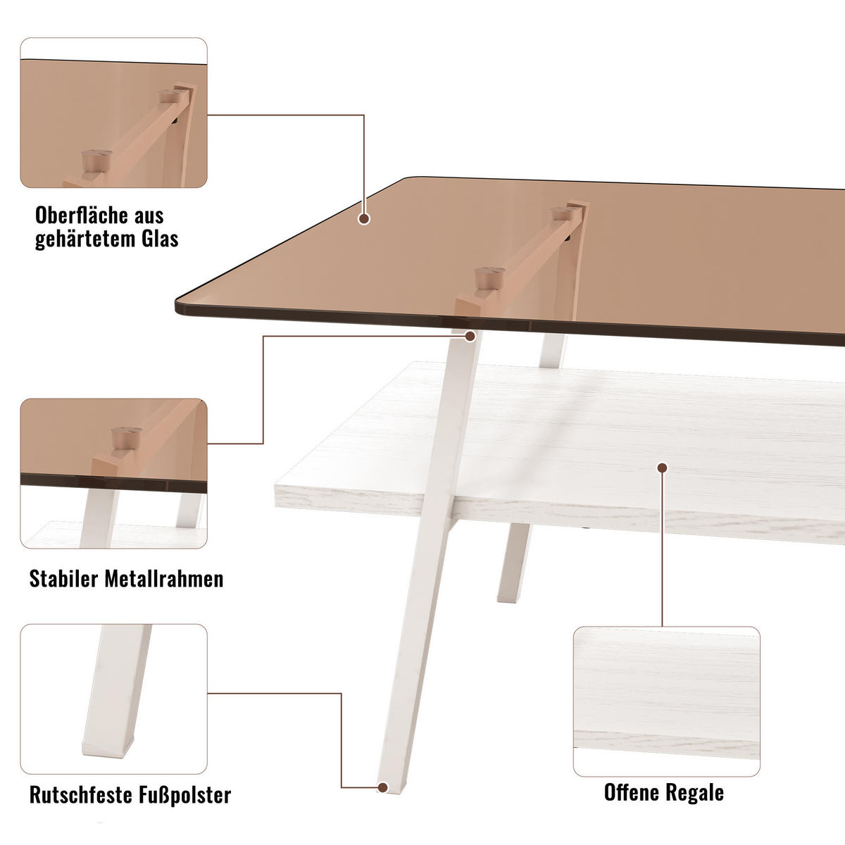 COUCHTISCH aus Hartglas 98x58x42 cm und MDF Braun-Weiß mit Metallbeinen - Braun, Holzwerkstoff (98/58/42.5cm) - IVMEU