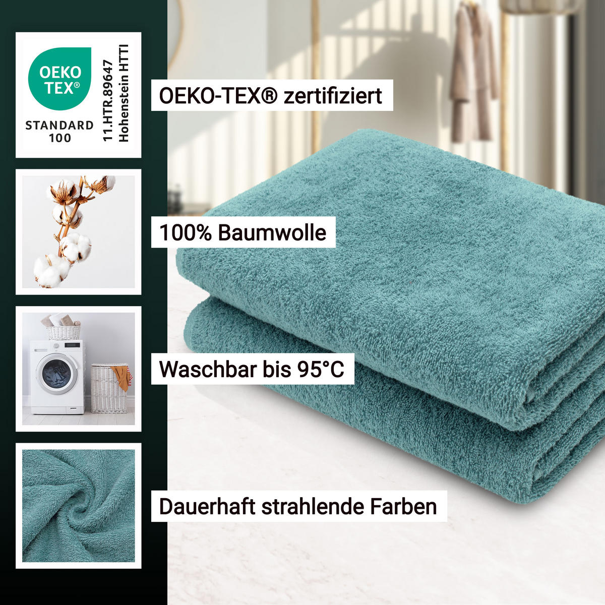 DUSCHTÜCHER, 2er-Set, 70x140 cm, 100% Baumwolle, Blau - Petrol, Textil (70/140cm) - Zollner