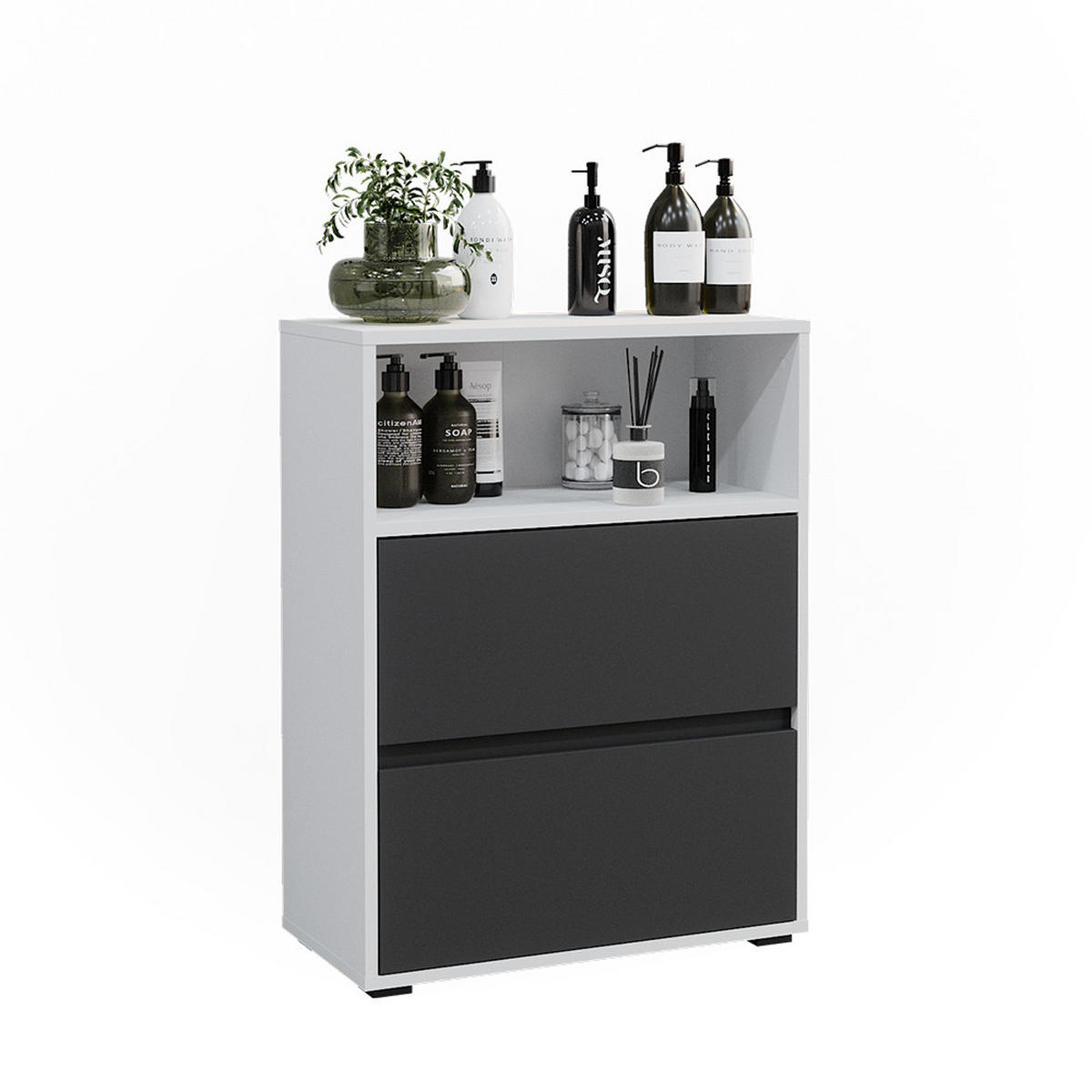 BADSCHRANK Maltin Weiß 60.2 x 78 cm mit zwei großen Schublade - Anthrazit/Weiß, Holzwerkstoff (60.2/78/30.1cm) - Vicco
