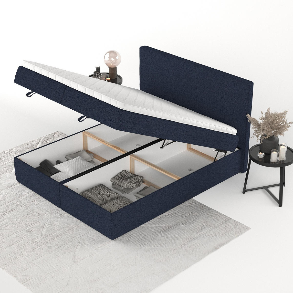 BOXBETT Velma 180/200 cm Marineblau im Riva Stoff - Schwarz/Dunkelblau, Holz/Holzwerkstoff (180/200cm) - AltaBeds