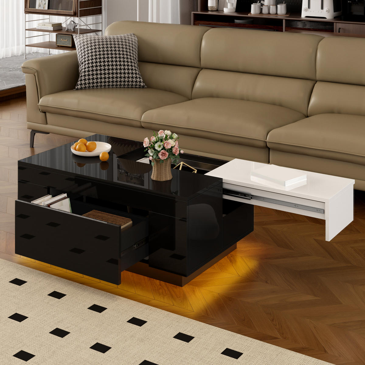 COUCHTISCH Schwarz-Weiß Hochglanz mit LED-Lichtband & ausziehbarer Platte 80×50×35,5 cm aus MDF - Schwarz, Holzwerkstoff (50/80/35.5cm) - Luhomfu