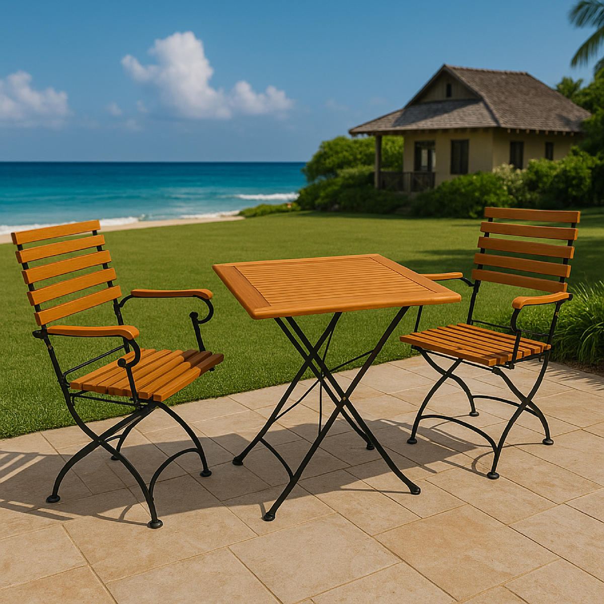 GARTENESSGRUPPE Bad Belzig - 3-teilig (2x Armlehnensessel, 1x Tisch 75cm rund), Gestell Flachstahl schwarz, Latten Eukalyptusholz, - Schwarz, Metall - TPFGarden