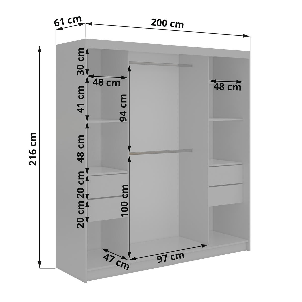 SCHWEBETÜRENSCHRANK mit Schubladen 200 - VERONA - Warmia Walnuss mit Spiegel - Walnussfarben/Alufarben, Holzwerkstoff/Metall (200/216/61cm) - MKS