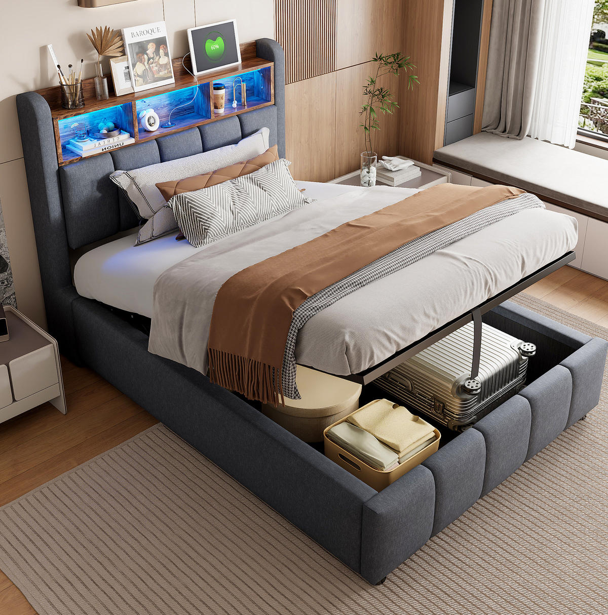 POLSTERBETT 90/200 cm Grau aus Leinenstoff mit LED und Stauraum - Grau, Textil (90/200cm) - OKMYHOME