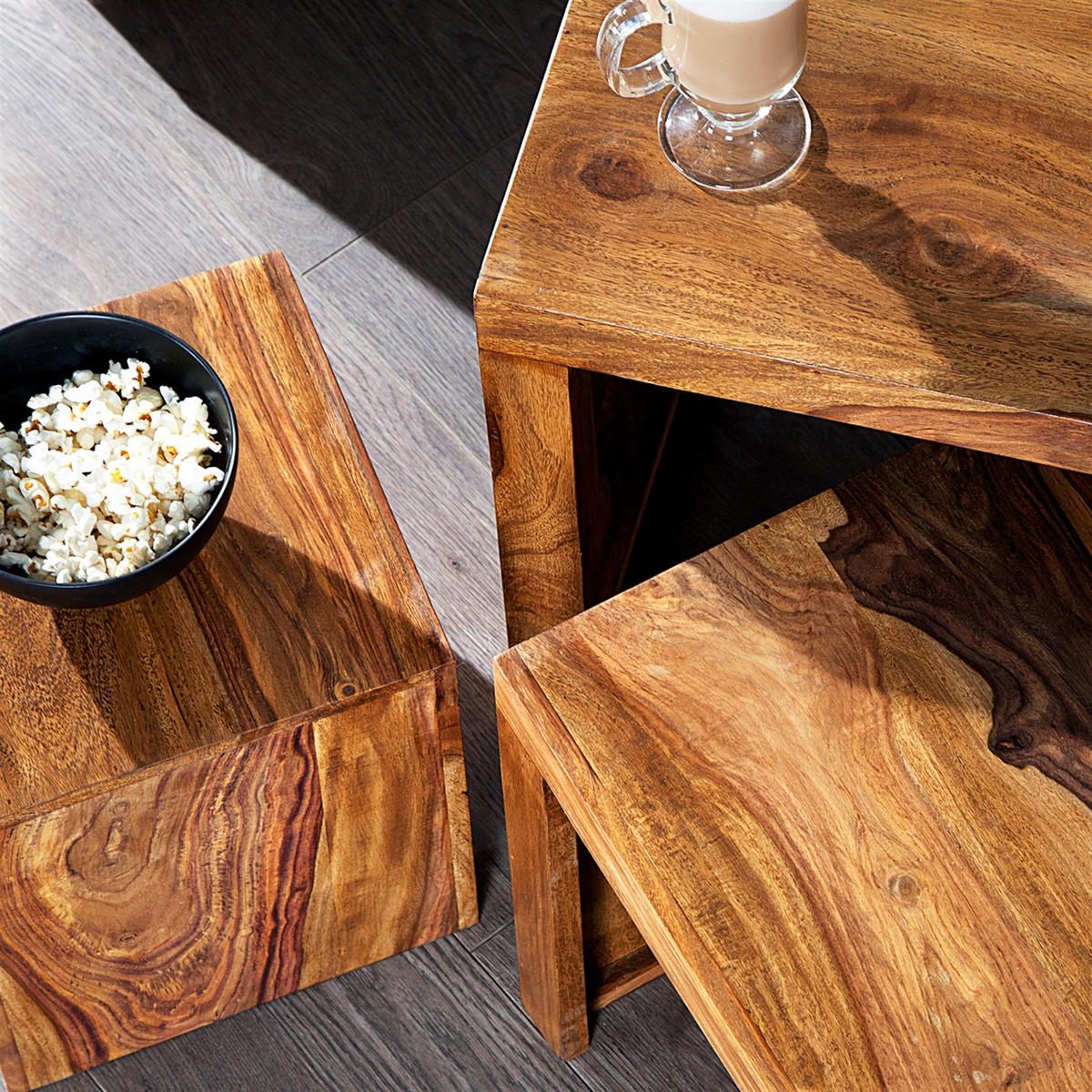 BEISTELLTISCH SHEESHAM 3er Set Massivholz braun - Naturfarben, Holz (45/45/30cm) - DESIGN DELIGHTS