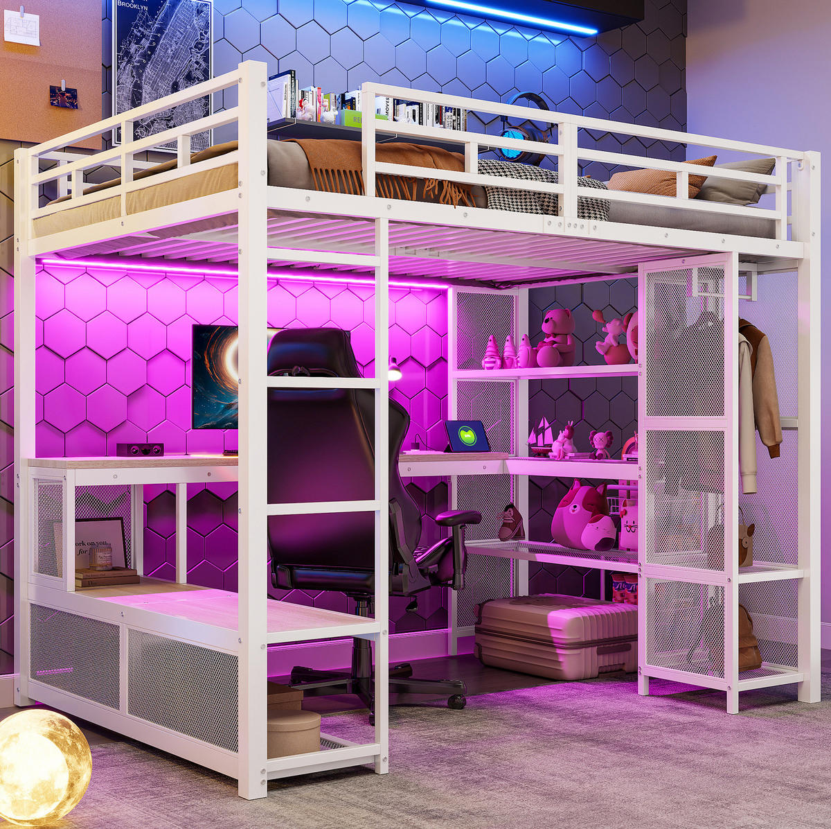 HOCHBETT 140x200 cm in Weiß mit Schreibtisch, offenem Kleiderschrank und LED-Beleuchtung - Weiß, Holzwerkstoff (140/200cm) - IVMEU