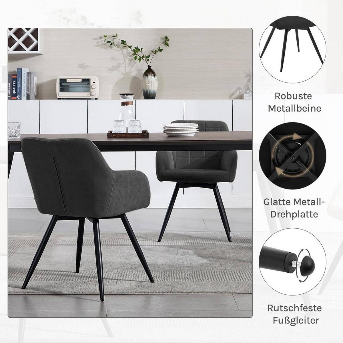 ESSZIMMERSTUHL drehbar, Samt, Schwarz - Schwarz, Textil/Metall (57/78/63cm) - Woltu