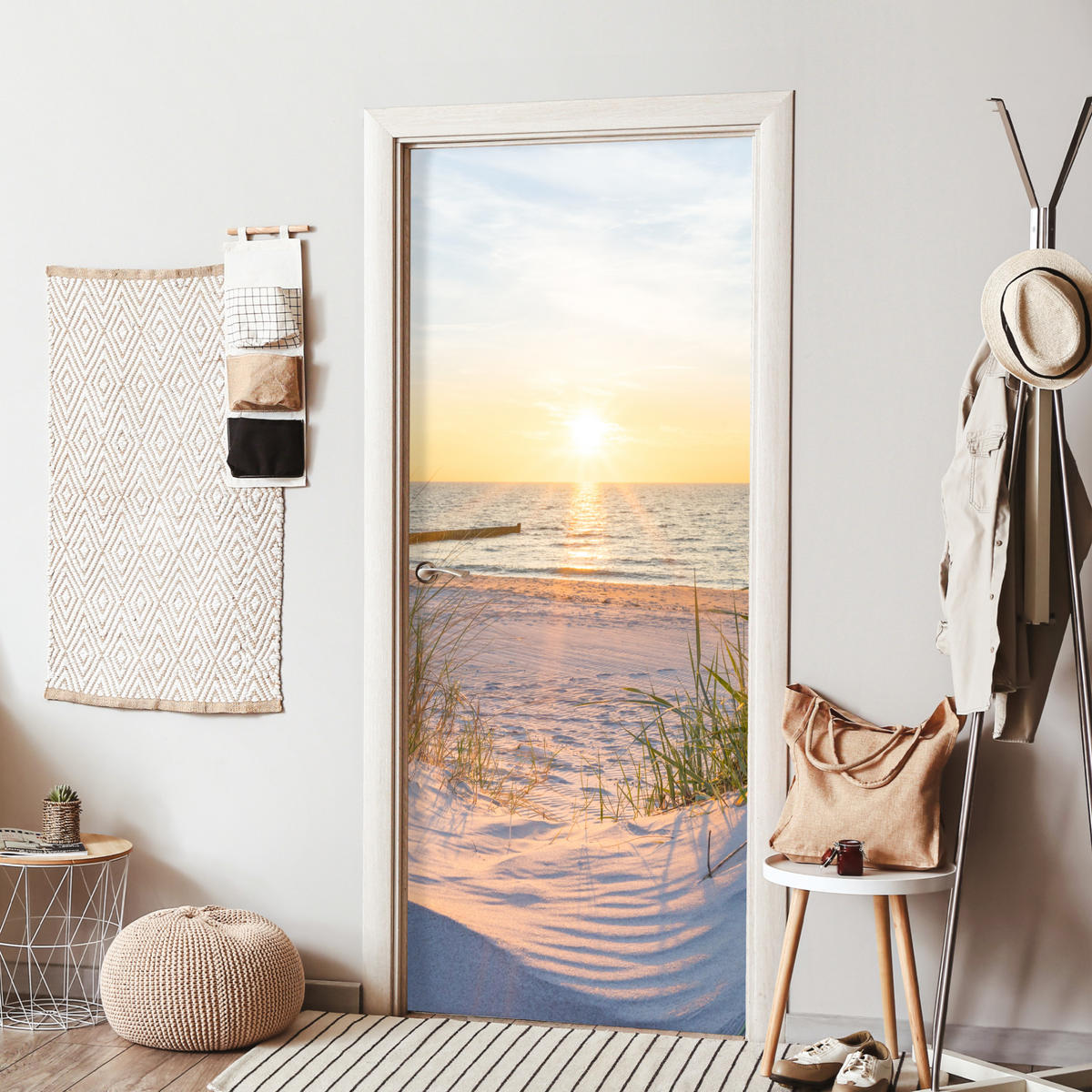 FOTOTAPETE Tür - Strand - Sonne - Düne - Gras - Sand - Horizont 75x205 cm - Dunkelgelb, Kunststoff (75/0.1cm) - MuchoWow