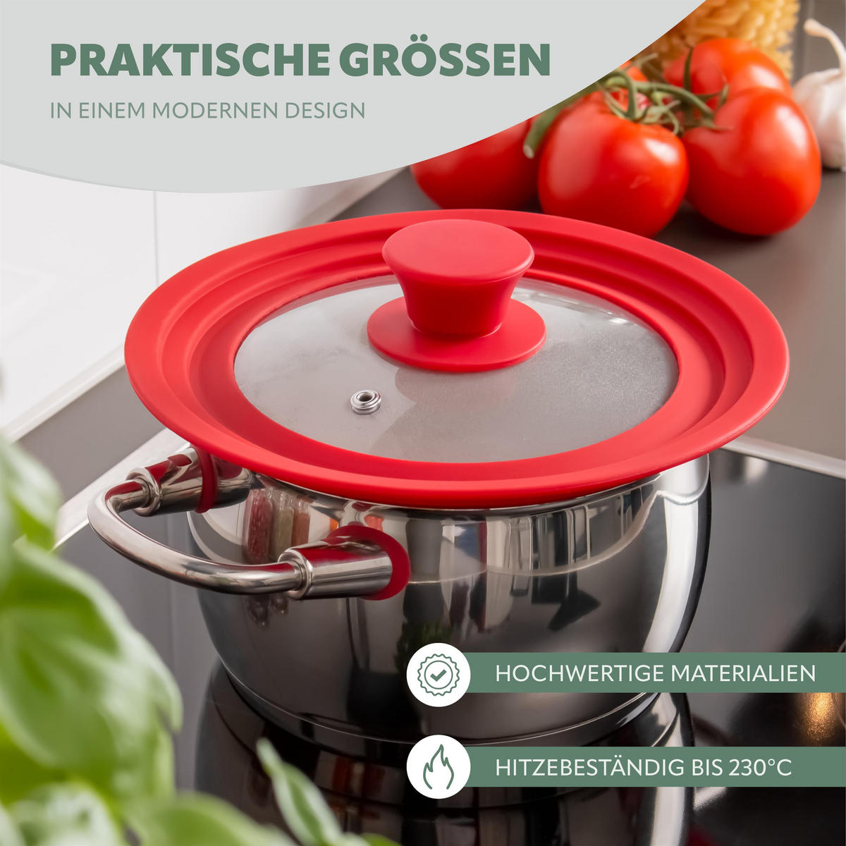 UNIVERSAL-GLASDECKEL, rot, Silikon, Edelstahl - Rot, Glas (20/20/5cm) - bremermann