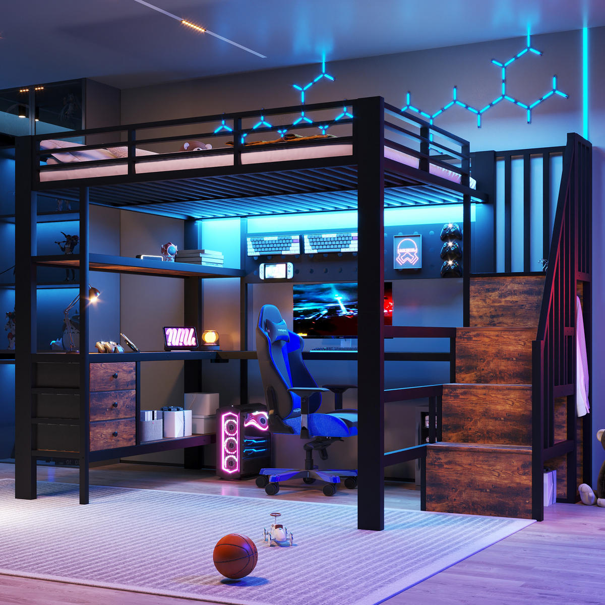 HOCHBETT 140/200 cm in Schwarz mit Schubladen, Lochwand, Tisch und LED - Schwarz, Holzwerkstoff/Metall (140/200cm) - WISHDOR