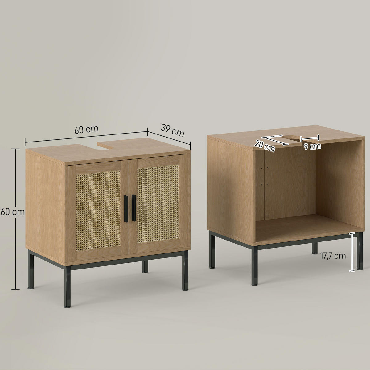 WASCHBECKENUNTERSCHRANK Unterschrank mit Schrankfach, Rattanoptik, Eiche - Eichefarben, Holz (39/60/60cm) - Kleankin