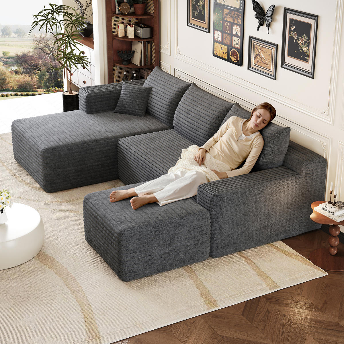 ECKSOFA 241 cm aus Stoff mit Cordbezug und Chaise Lounge Dunkelgrau - Dunkelgrau, Textil (151/241cm) - Modenvie