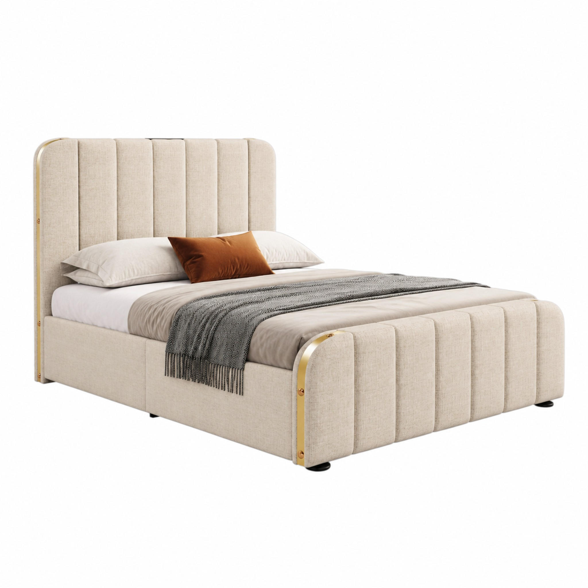 BETT mit Stauraum und Matratze 90x200 cm Beige Leinen - Beige, Metall (90/200cm) - Meubliv