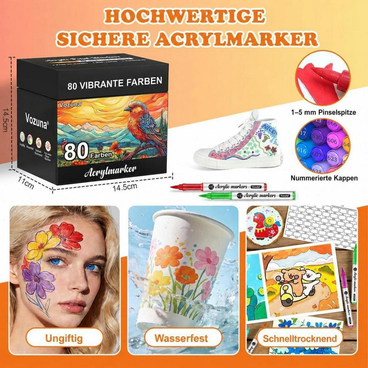 ACRYLSTIFTE Set 80 Farben Pinselspitze Wasserfest - Multicolor, Kunststoff (1/1/13.5cm)