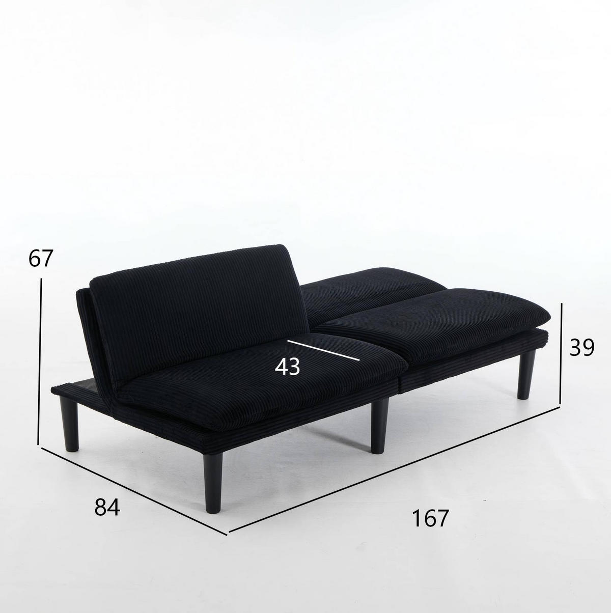 SOFA mit 3-stufig verstellbarer Rückenlehne Schwarz 2-Sitzer - Schwarz, Holzwerkstoff (168/67/86cm) - Meubliv