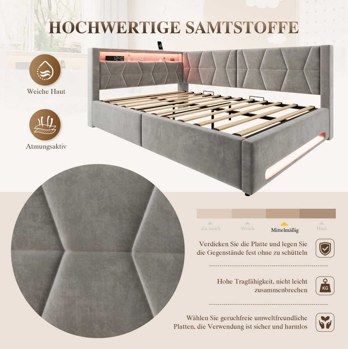 ČALOUNĚNÁ postel 140/200 cm s LED osvětlením, USB, Type-C a hydraulickým úložným prostorem, Tmavě šedá - tmavě šedá, kov (140/200cm) - Redom