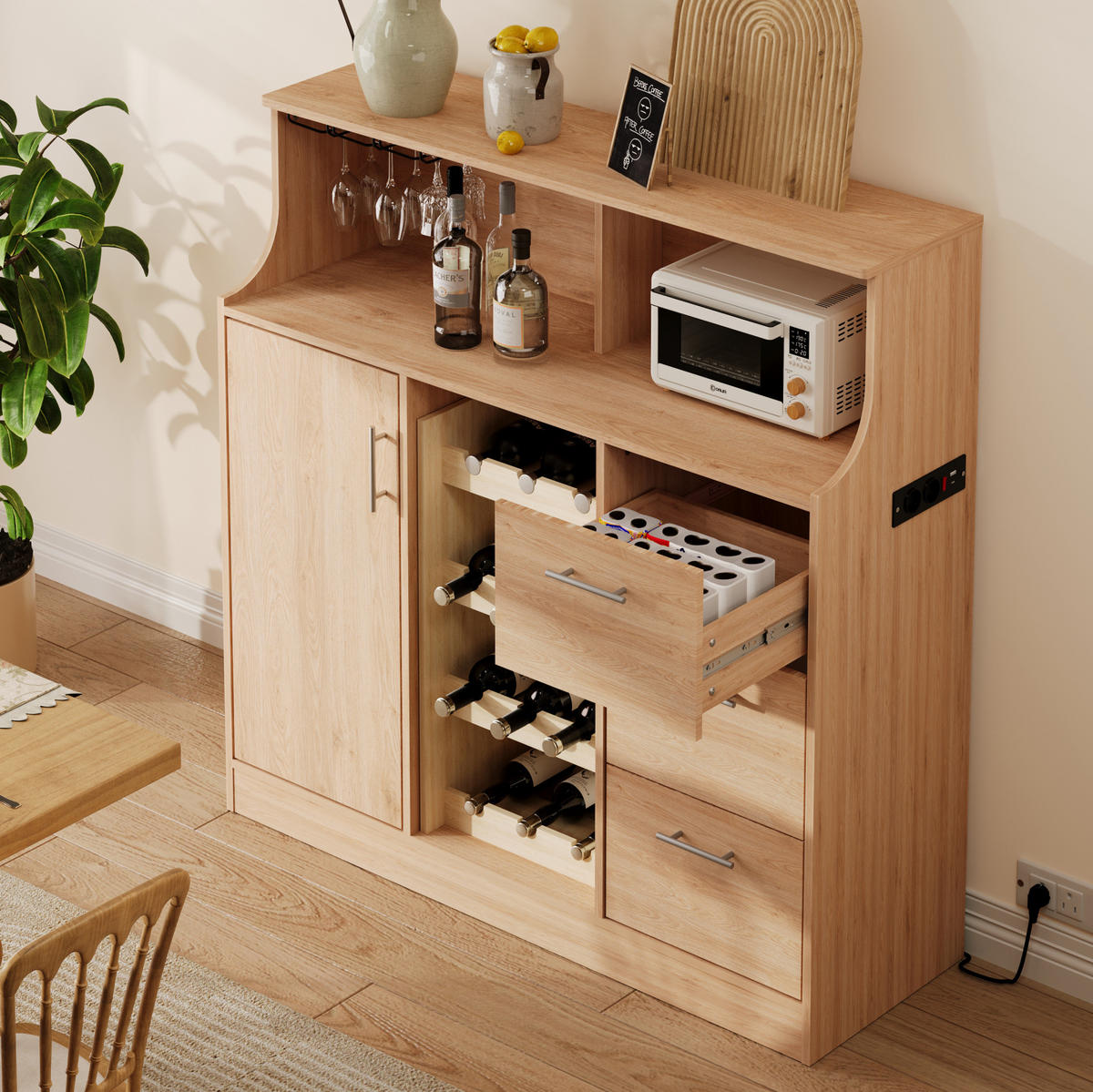 SIDEBOARD 120/40/121 cm mit LED-Beleuchtung, Steckdose, Weinregal und Glashalter, Natur/Weiß - Weiß, Holzwerkstoff (120/121/40cm) - Redom
