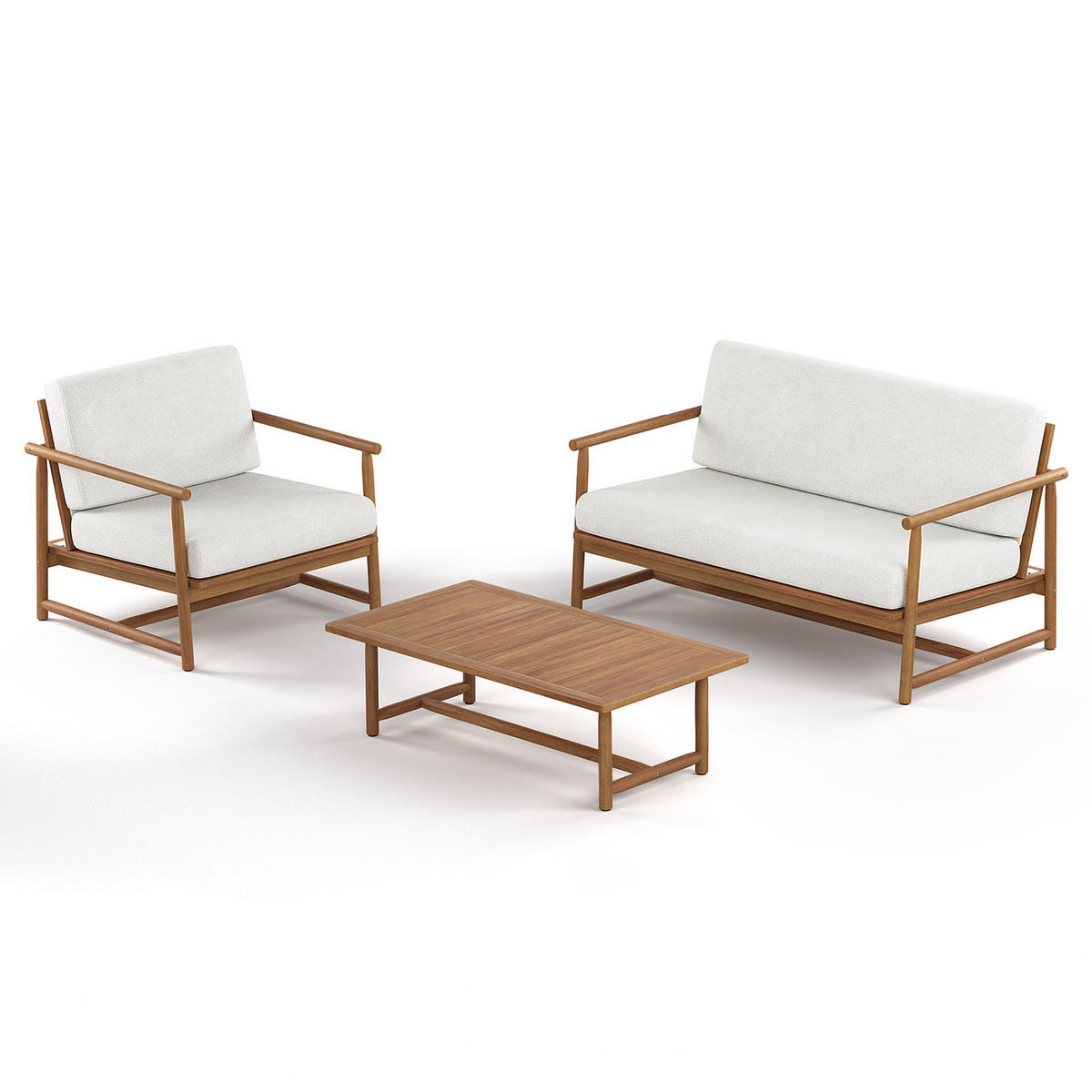 LOUNGEGRUPPE - 3-teilig - Akazie massiv / Webstoff - Akazie Braun / Creme - Creme/Akaziefarben, Holz/Kunststoff - home24
