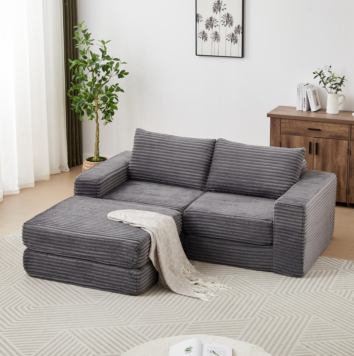 SOFA-BETT modular mit Fußstütze Cord Grey - Grau, Kunststoff (169.5/194cm) - Meubliv