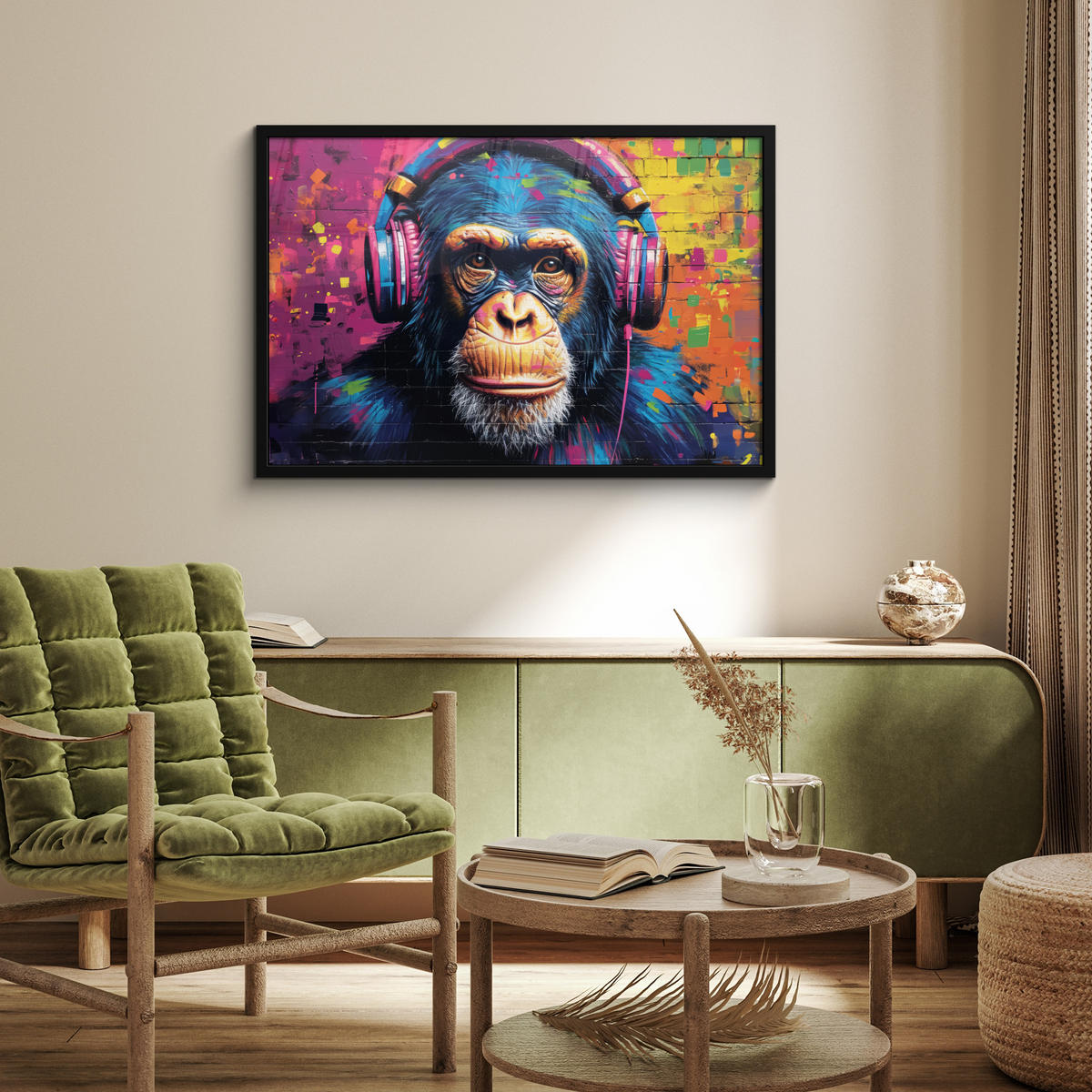 POSTER MIT RAHMEN Graffiti - Schimpanse - Straßenkunst - Kopfhörer - Affe 90x60 cm - Blau, Papier (90/60cm) - MuchoWow