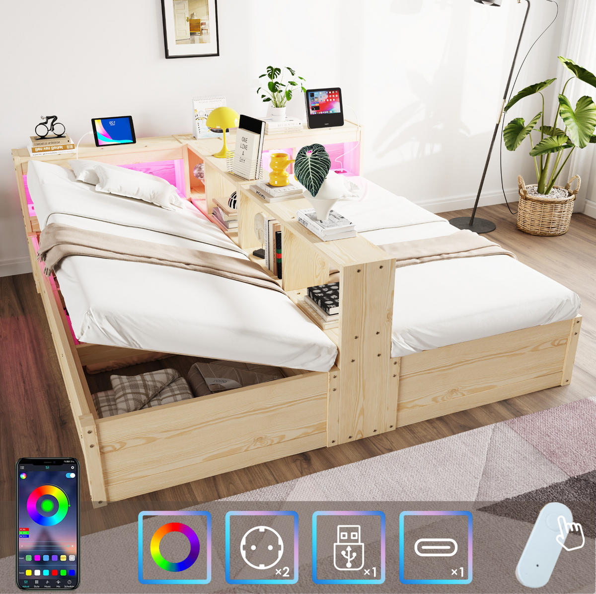 BETT 90/180/200 cm aus MDF mit LED, Naturholz - Naturfarben, Holzwerkstoff (90/200cm) - OKMYHOME