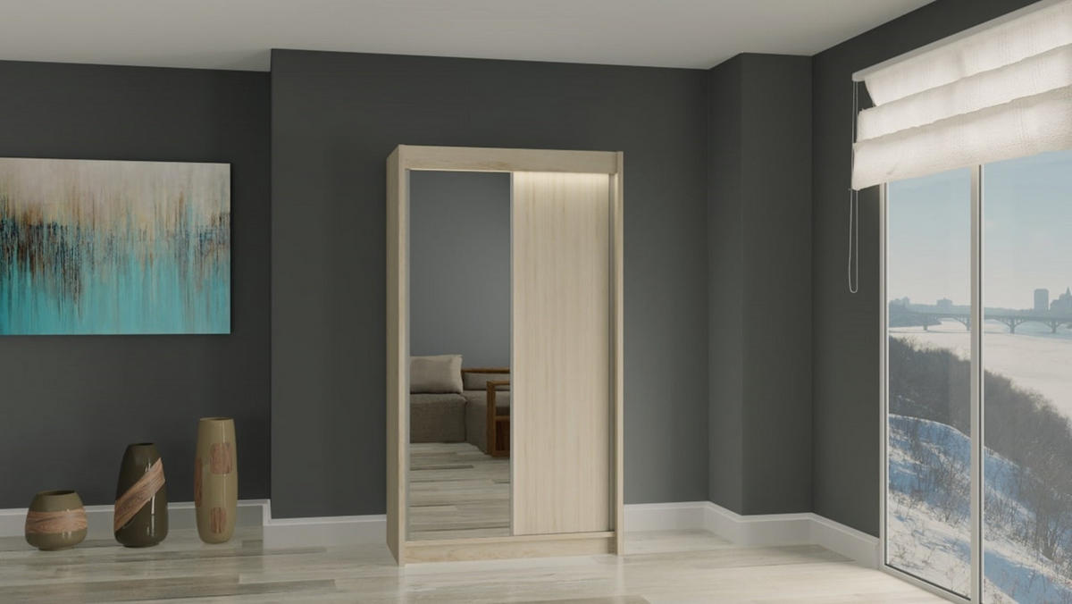 KLEIDERSCHRANK mit Spiegel-Schiebetüren und Aluminium-Leisten, LED-Beleuchtung - PARTI - 150 cm Braun - Braun, Holzwerkstoff (150/216/61cm) - ALTDECOR
