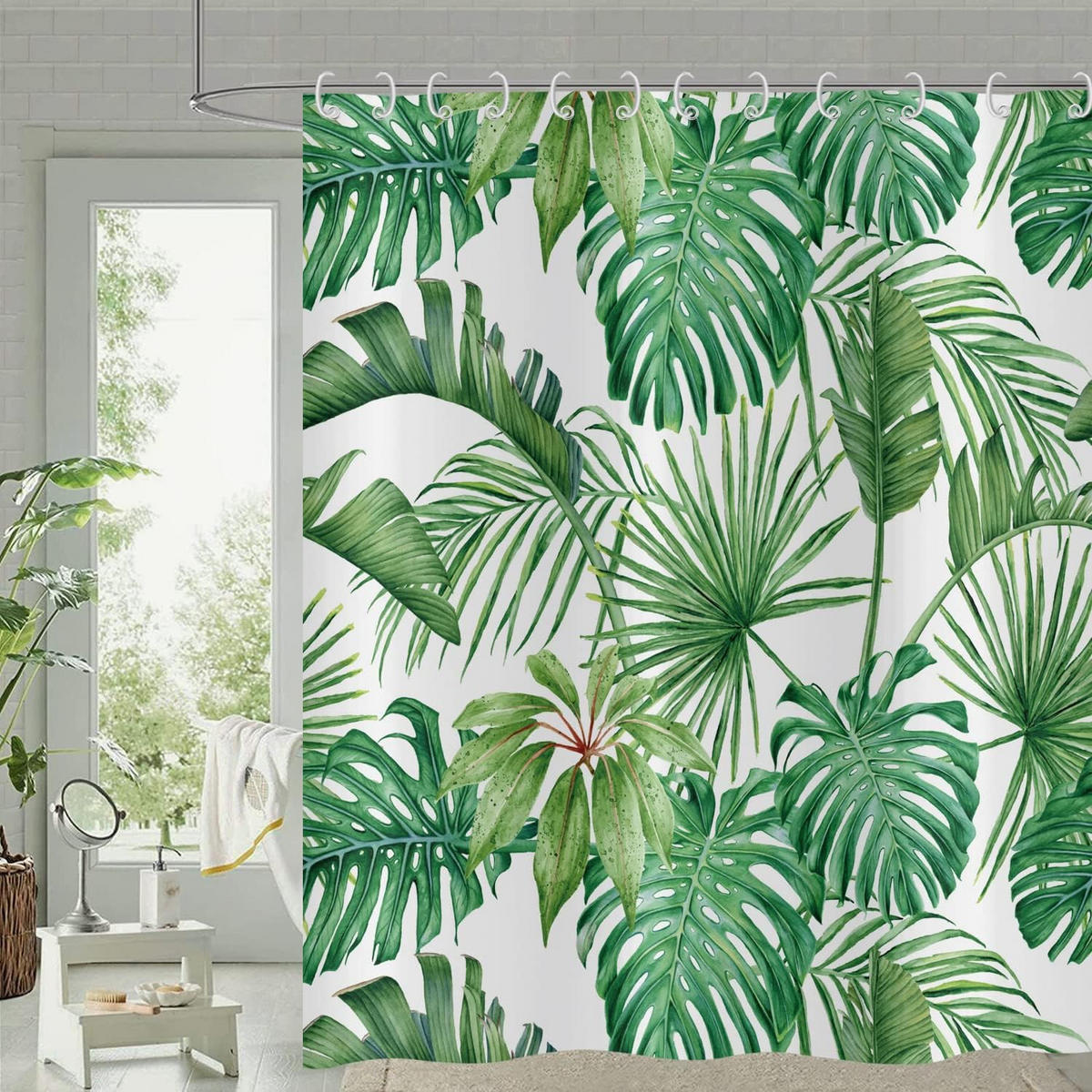 DUSCHVORHANG tropisch Palmen Blätter Grün Dschungel Pflanze botanisch wasserdicht Badewanne - Grün, Textil (180/180cm) - MCBOSON