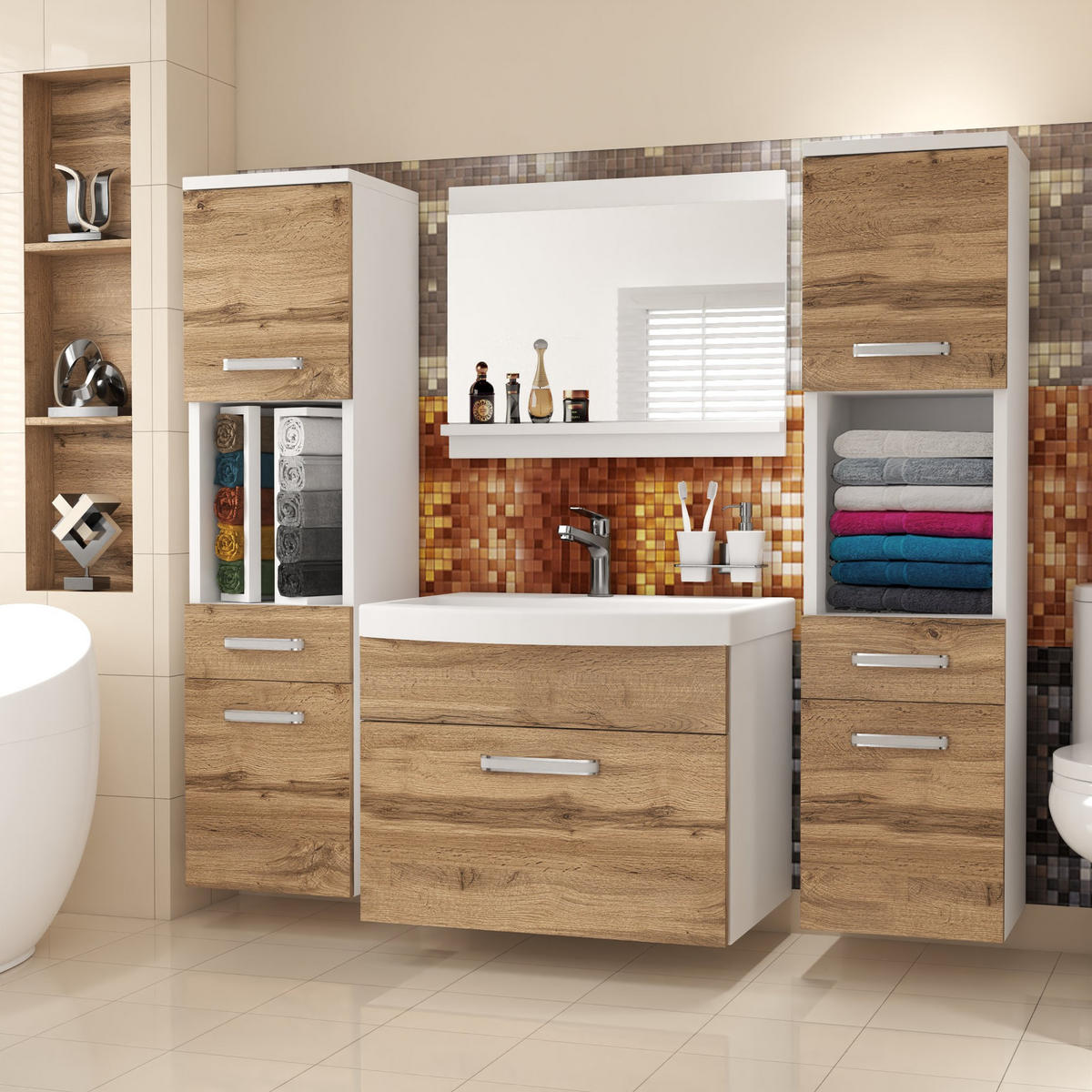 BADMÖBEL Badezimmer SET PRI M6, Goldbraun Matt, 120 cm - Braun, Holz (38.7/113.5/120cm) - B BELINI GROUP