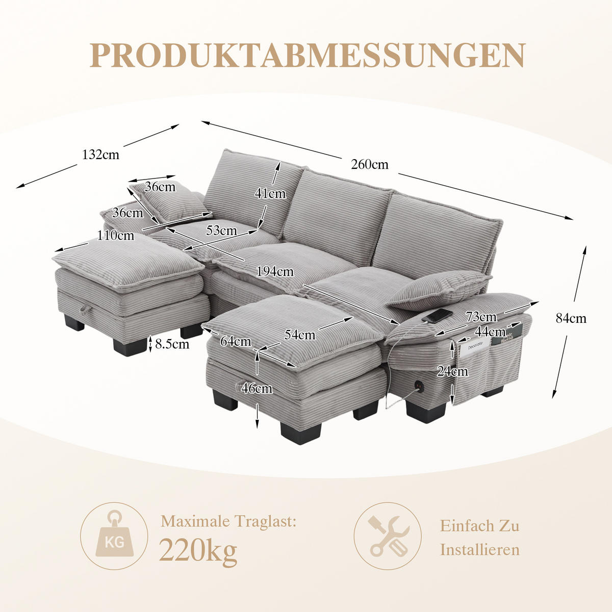 WOHNLANDSCHAFT Cord Hellgrau mit USB-C, Seitentaschen und mit 2 Hocker - Hellgrau, Holzwerkstoff/Kunststoff (260/84/132cm) - WISHDOR