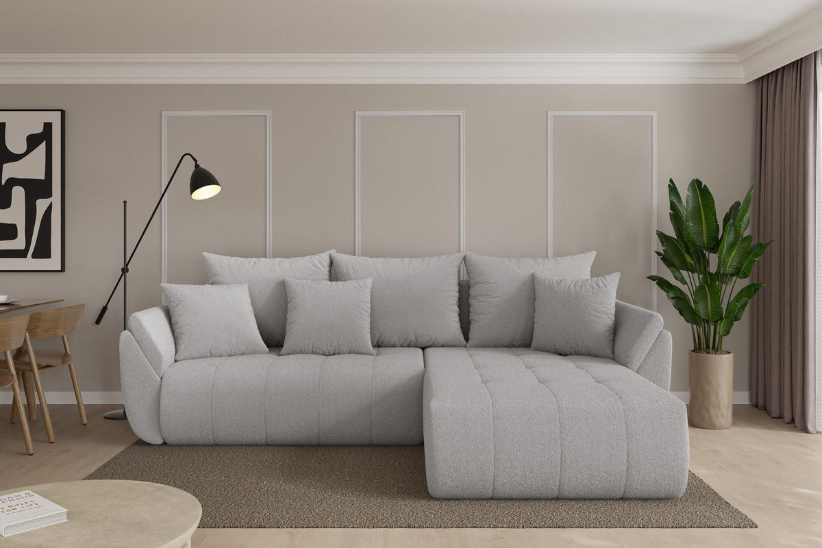 ROHOVÁ SEDAČKA s funkcí spaní, otoman vpravo TOKO-L 277x194x86 světle šedá bouclé - černá/stříbrná, kompozitní dřevo/textil (277/194cm) - ALTDECOR