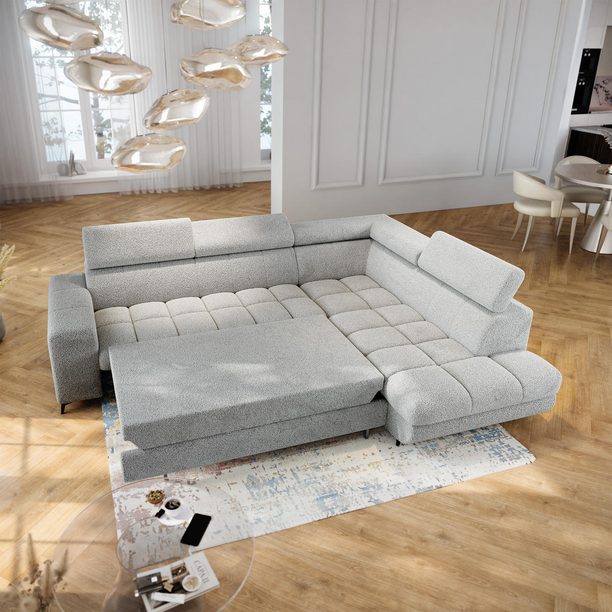 ECKSOFA MORIVA Q R-S Hellgrau Boucle-Stoff mit Schlaffunktion - Hellgrau, Holzwerkstoff/Textil (253/190cm) - MASSENO