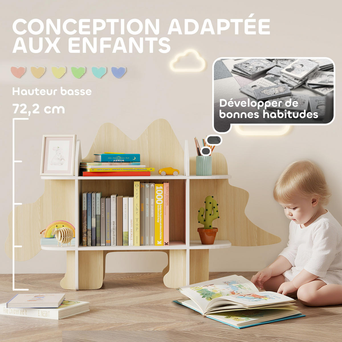 KINDERREGAL DE-17277 6 Fächer, Dinosaurier-Design Naturholz - Naturfarben, Metall (120/72.2/28cm) - ComfortXL