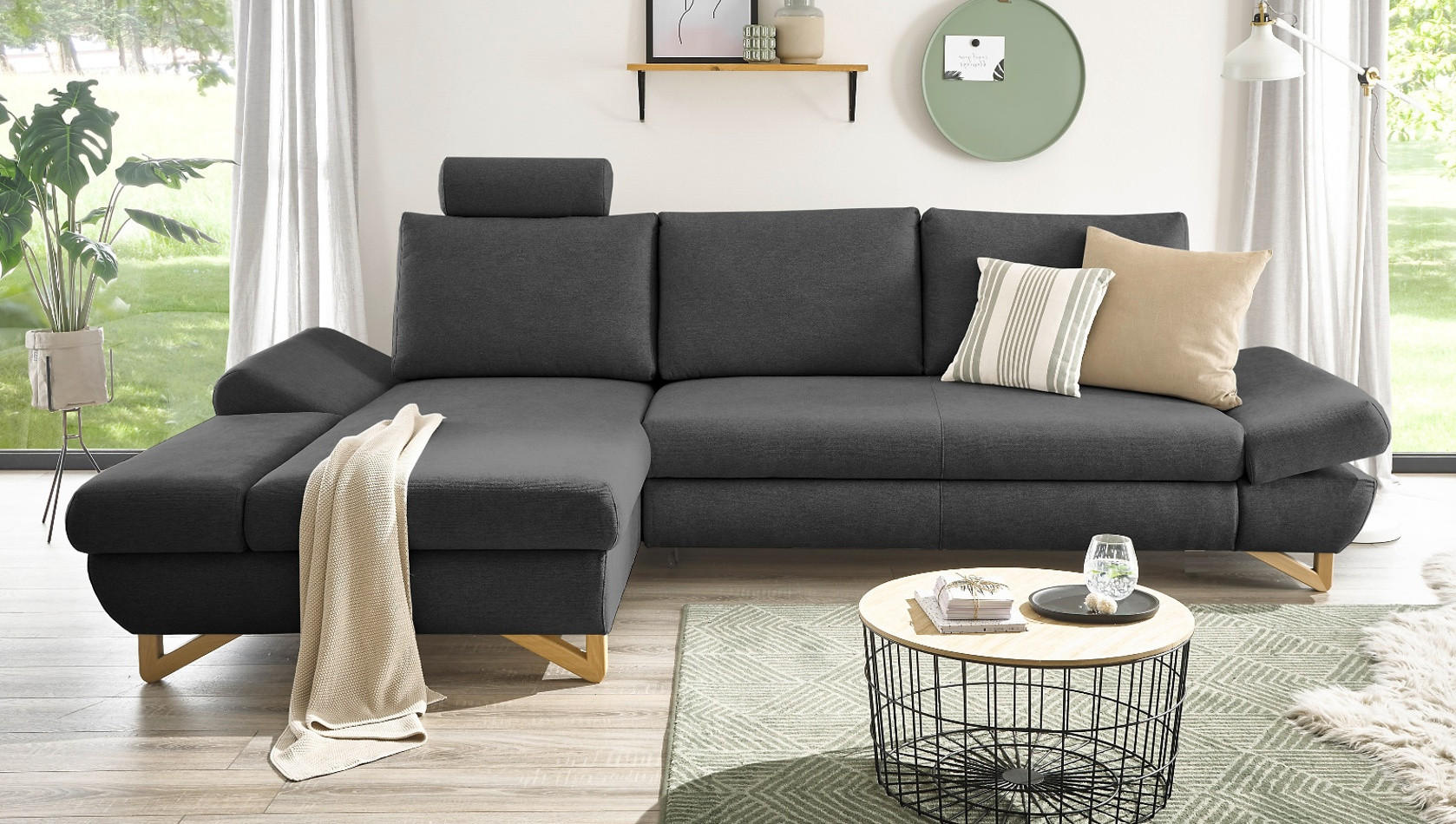 ECKSOFA grau Velours, Wohnzimmer Sofa - Grau, Holz/Textil (166/284cm) - Furn.Design