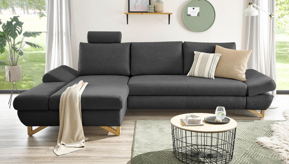 ECKSOFA grau Velours, Wohnzimmer Sofa - Grau, Holz/Textil (166/284cm) - Furn.Design