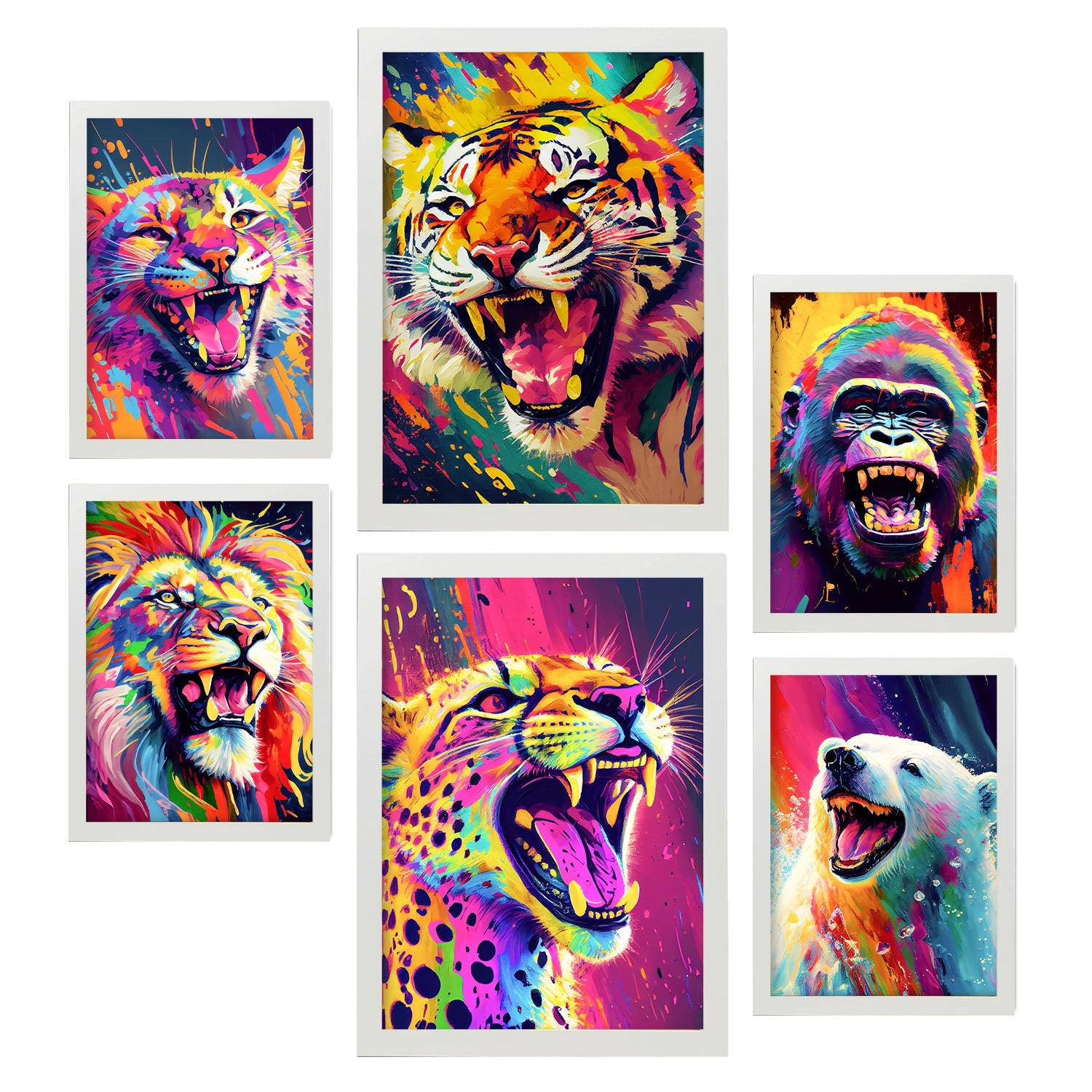 POSTER Set Mit 6 Wilde Tiere Im Hochformat Lebhafte Aquarell Stil Illustrationen Von Lächelnde Tiere Innenarchitektur A3 & A4 Weißer Rahmen - Weiß, Papier (29/3cm) - Nacnic